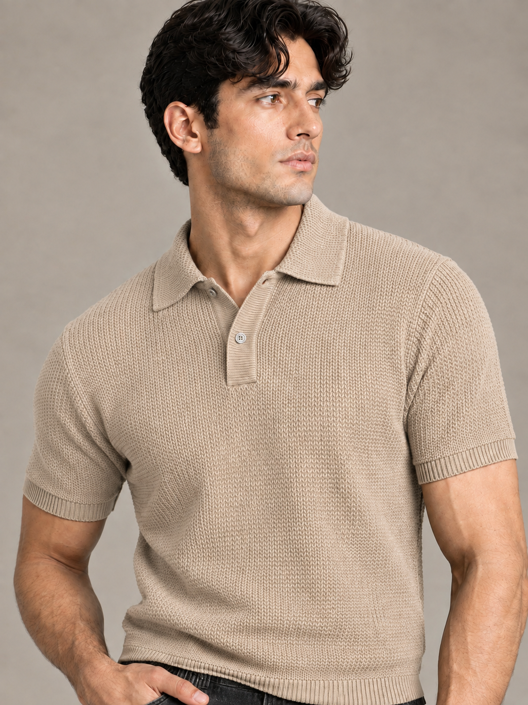 Beige Textured Knit Polo by Monscre
