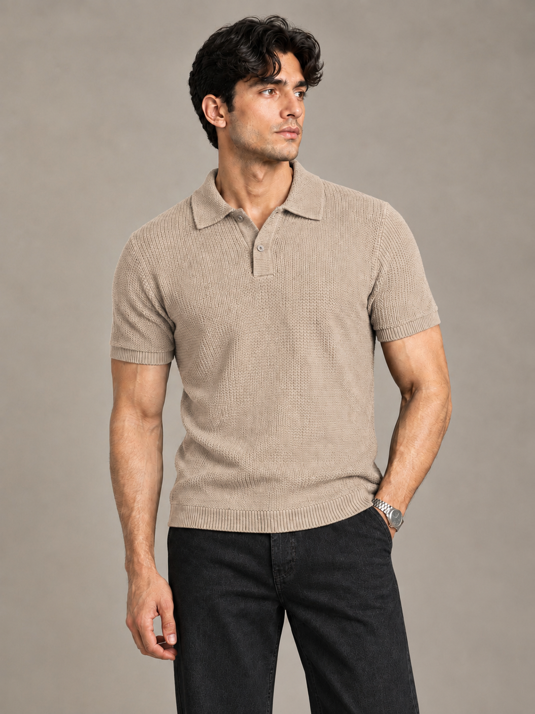 Beige Textured Knit Polo by Monscre