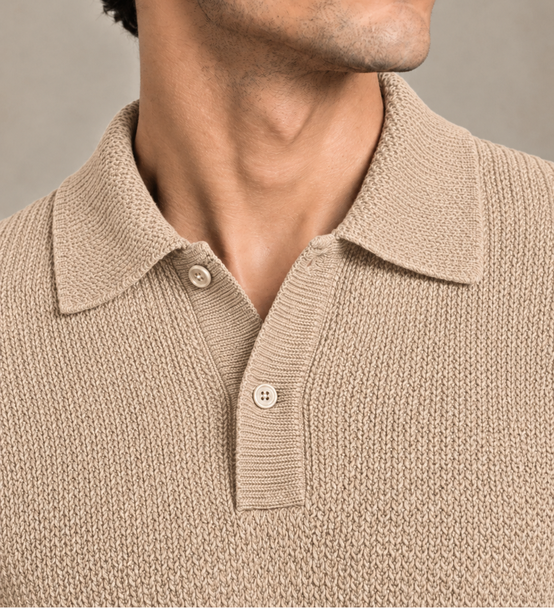 Beige Textured Knit Polo by Monscre