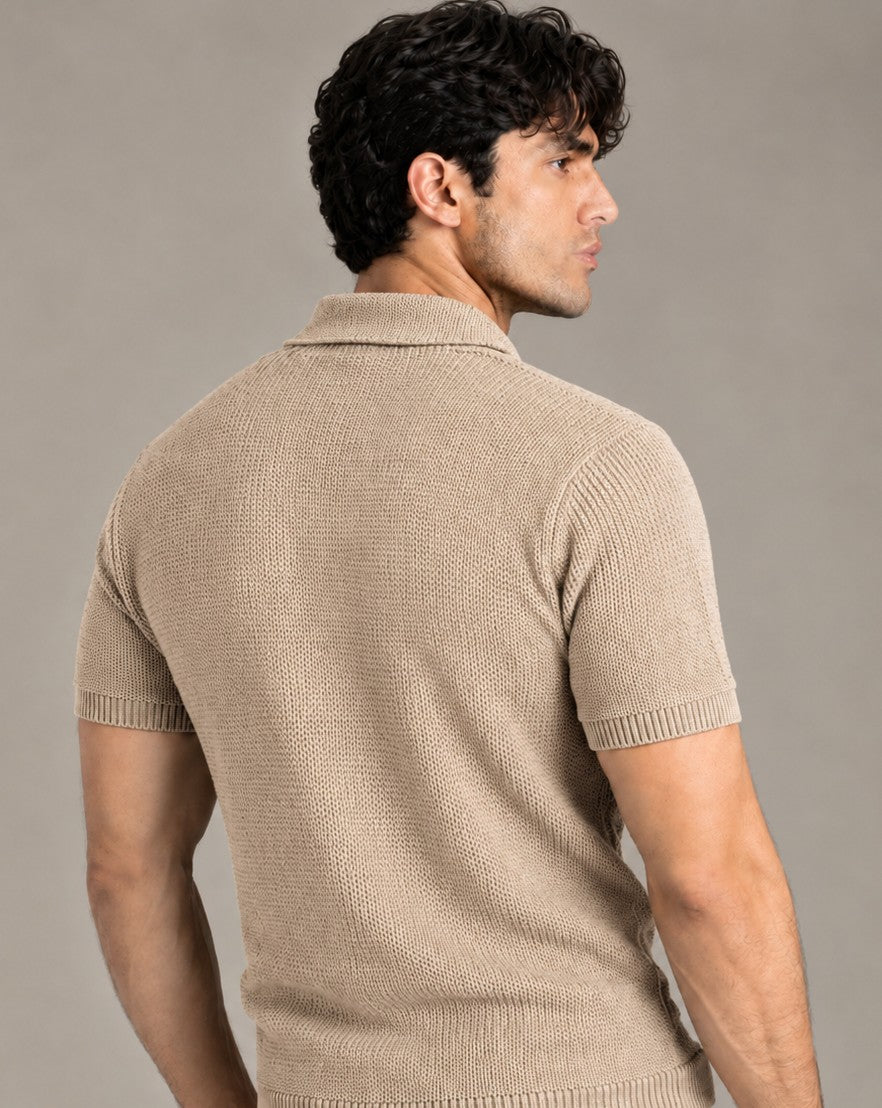 Beige Textured Knit Polo by Monscre