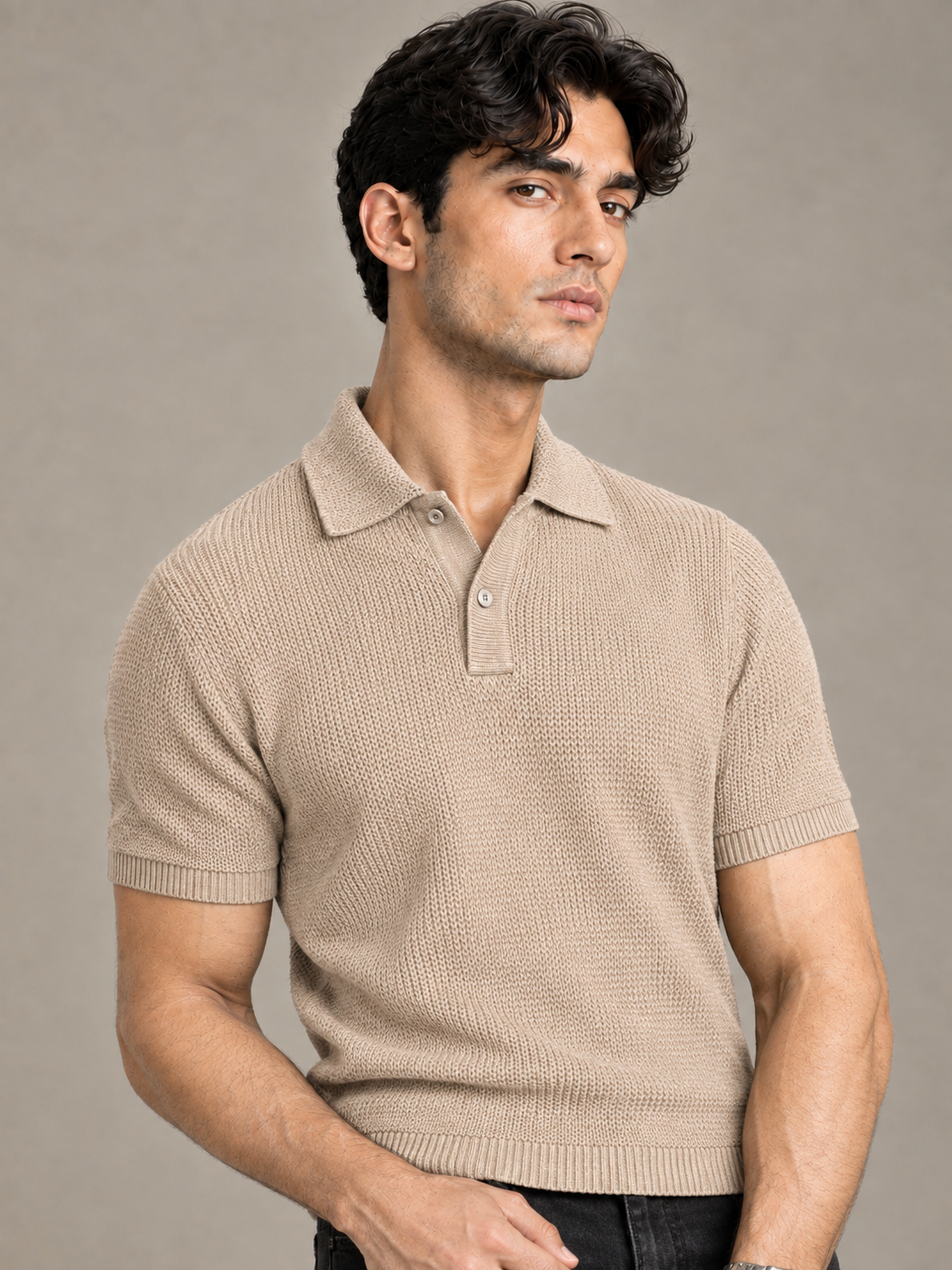 Beige Textured Knit Polo by Monscre