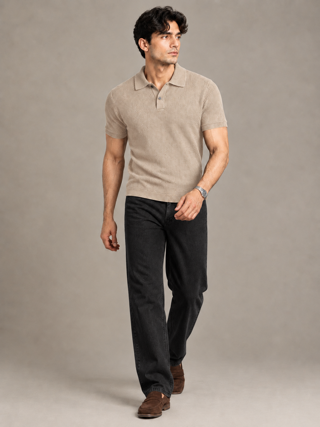 Beige Textured Knit Polo by Monscre
