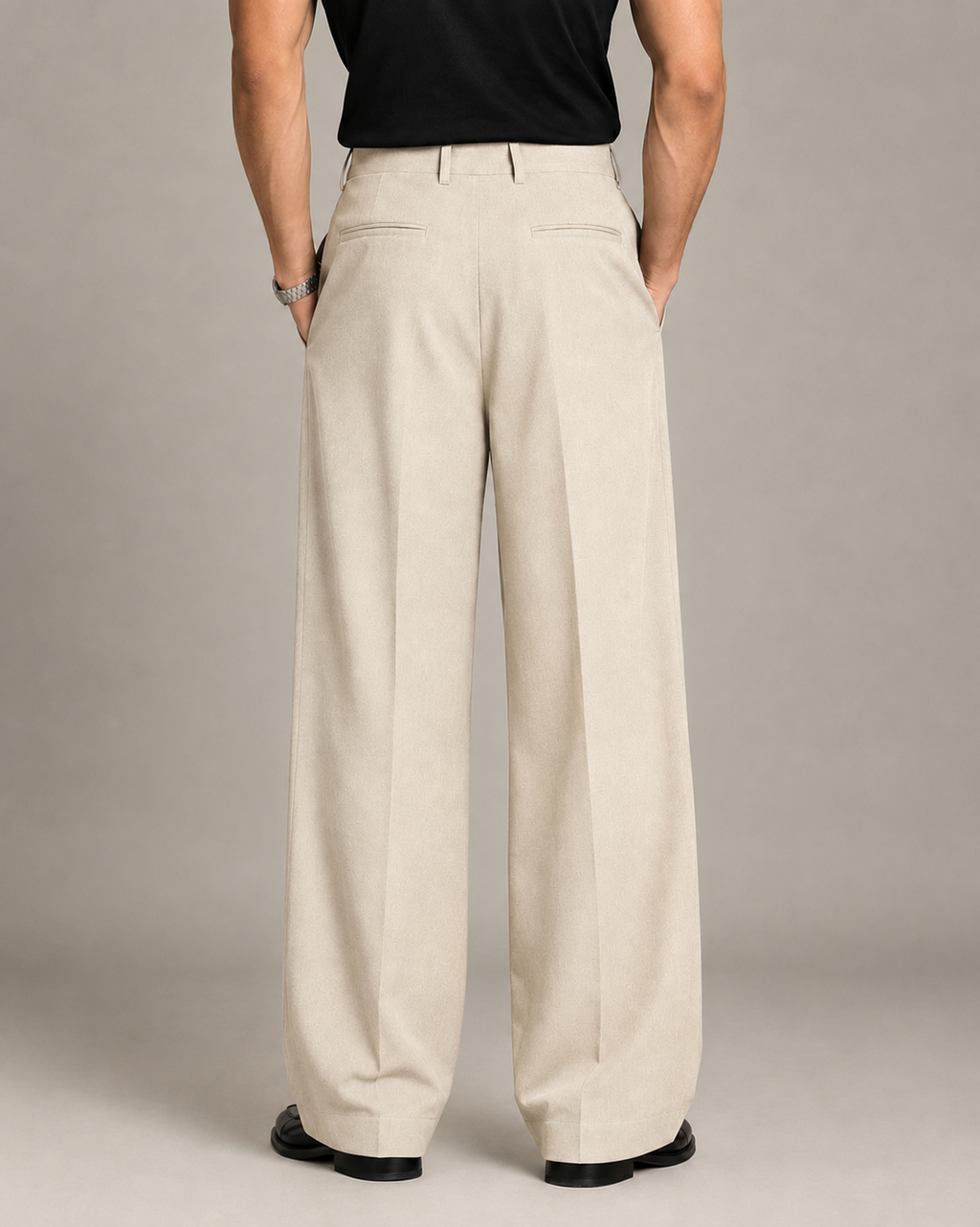 Beige Double Pleated Wide-Leg Tailored Trousers by Monscre