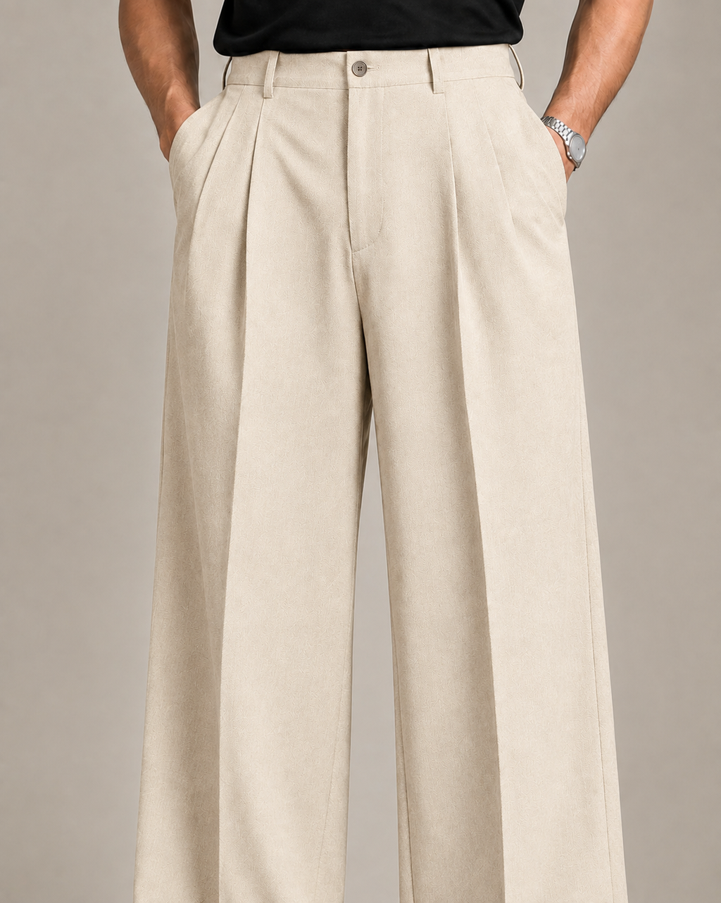 Beige Double Pleated Wide-Leg Tailored Trousers by Monscre