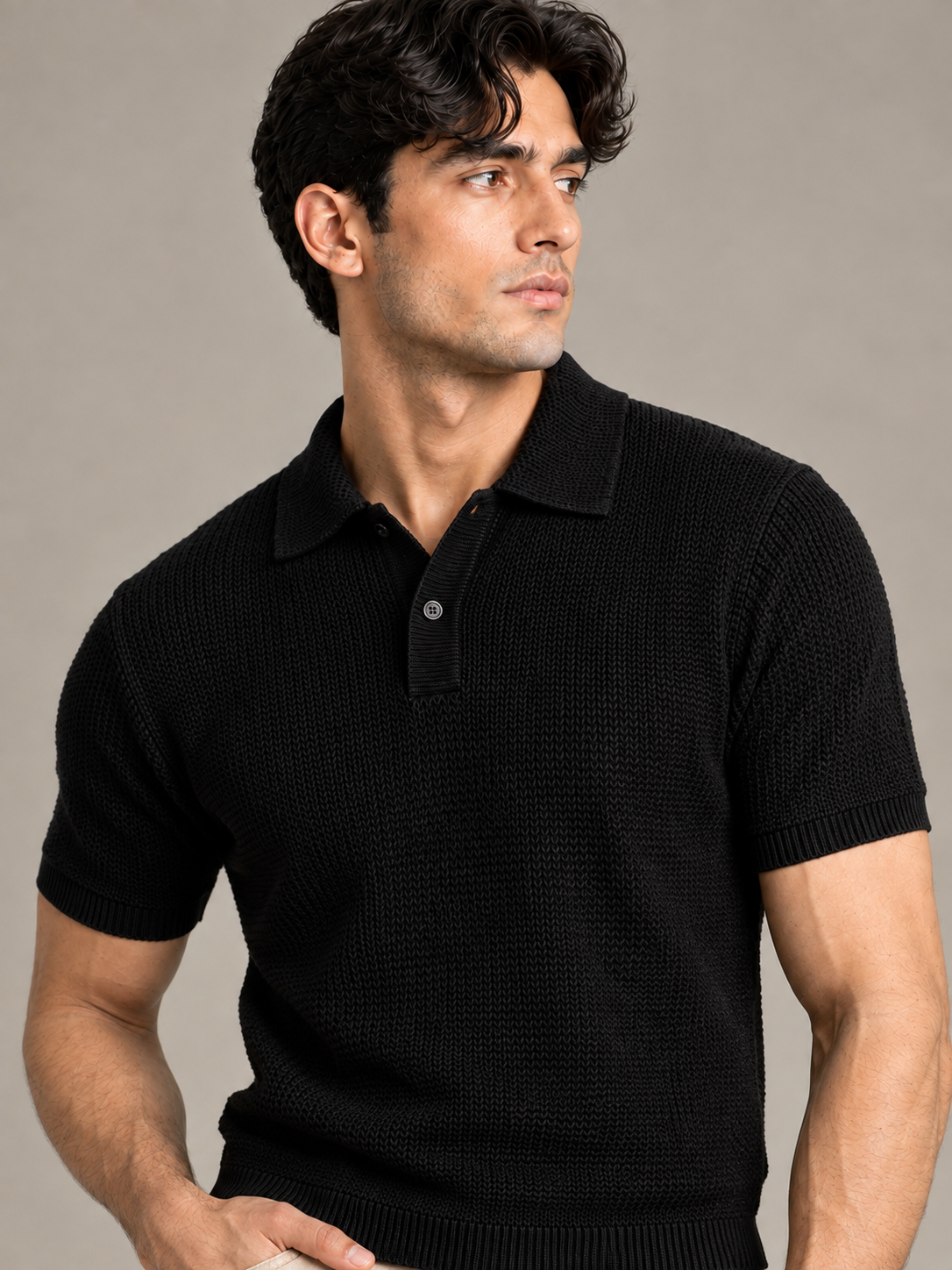 Black Textured Knit Polo by Monscre