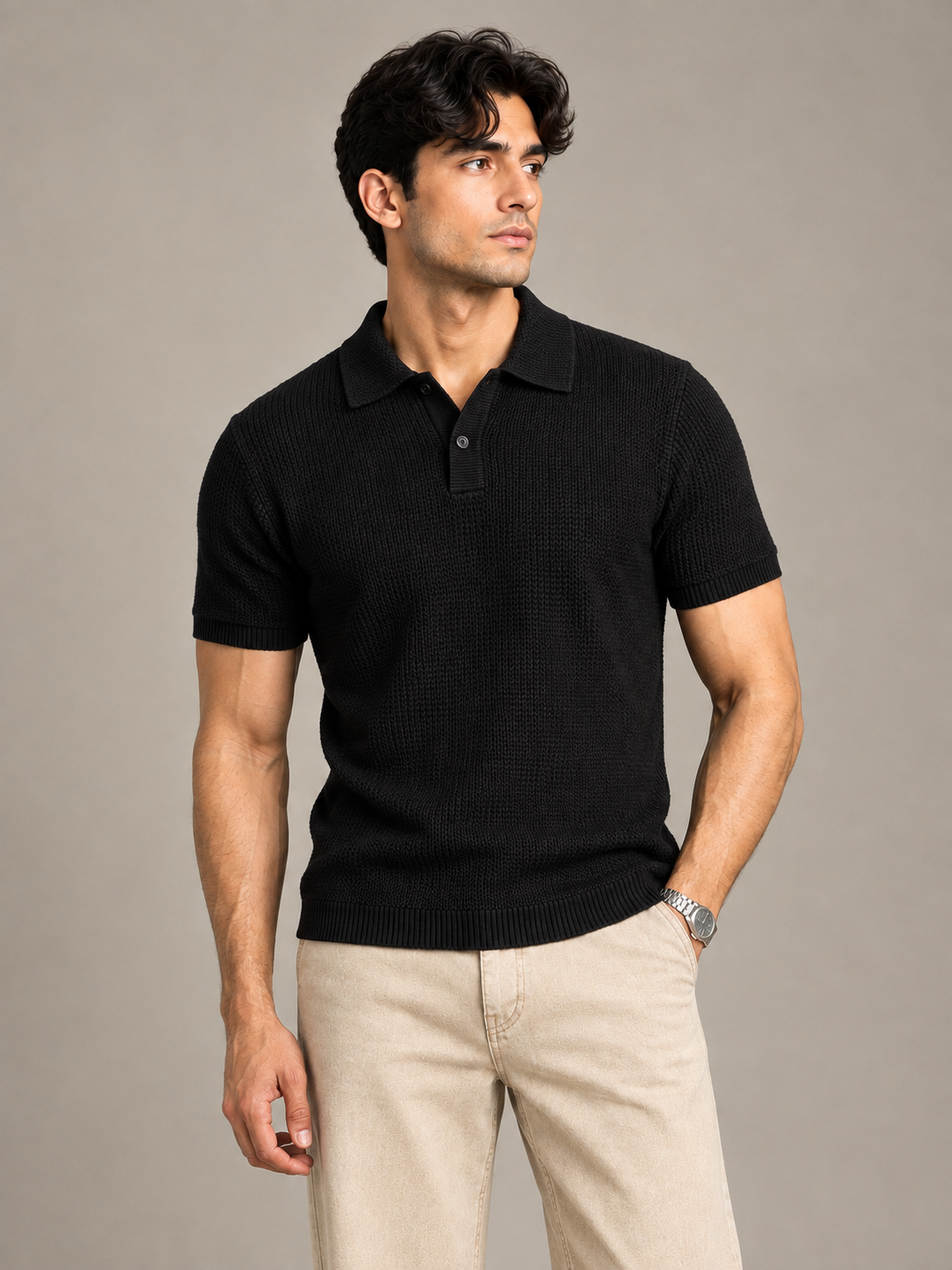 Black Textured Knit Polo by Monscre
