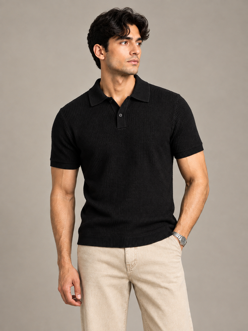 Black Textured Knit Polo by Monscre