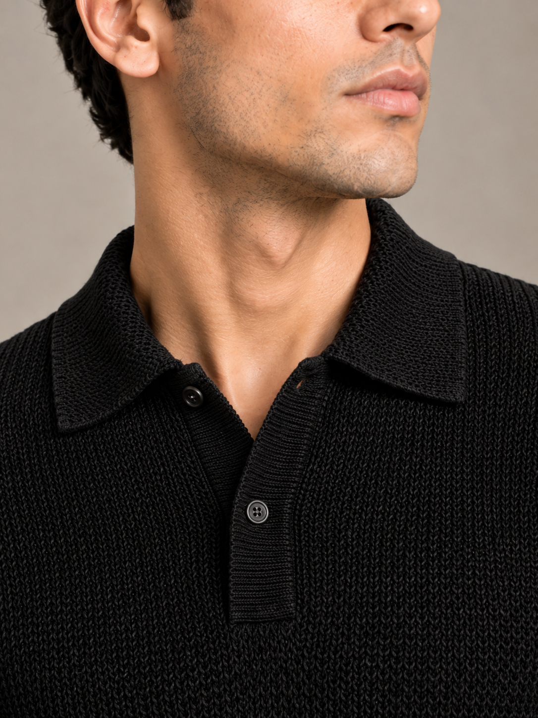 Black Textured Knit Polo by Monscre