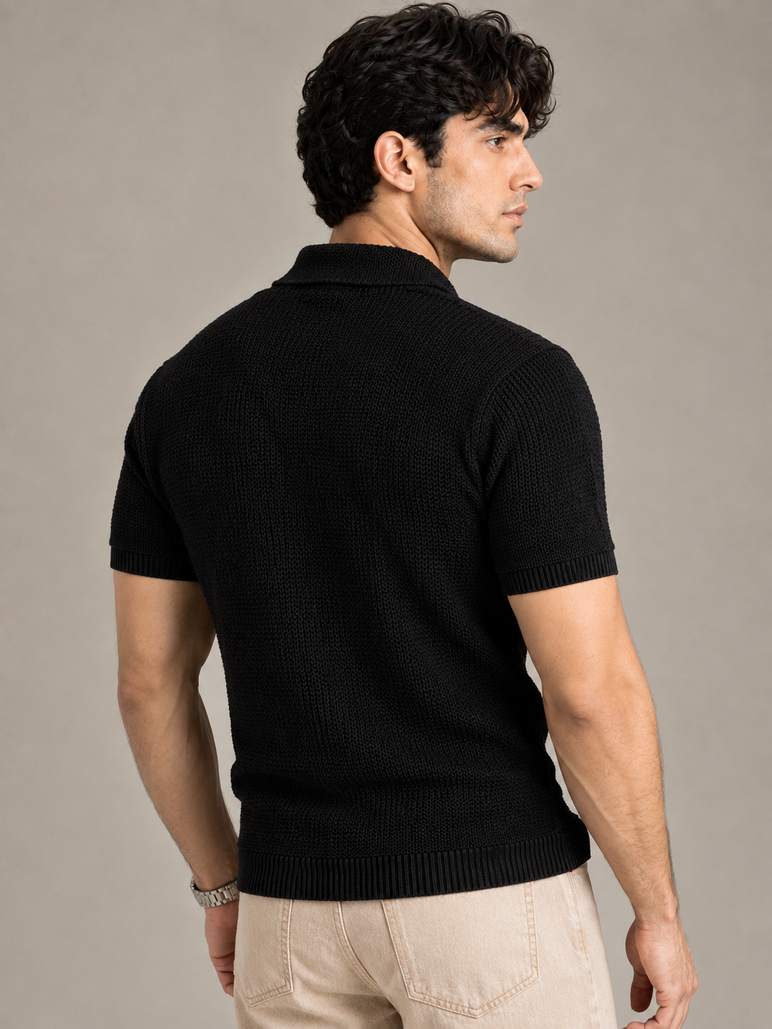 Black Textured Knit Polo by Monscre