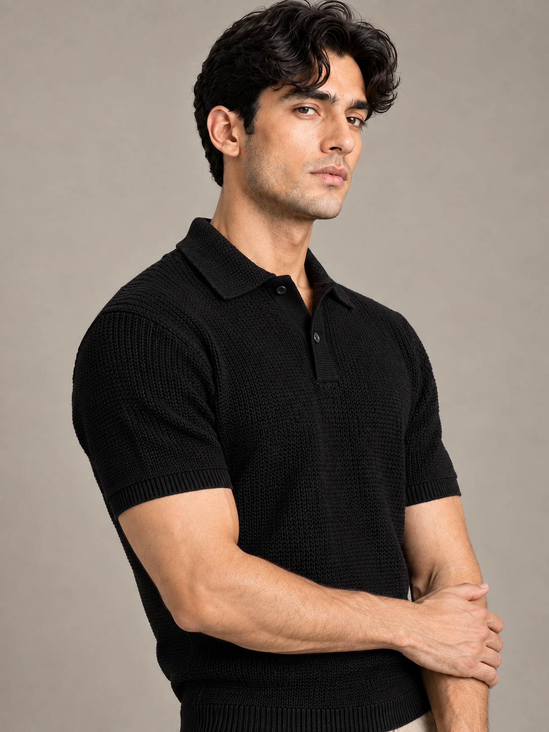 Black Textured Knit Polo by Monscre