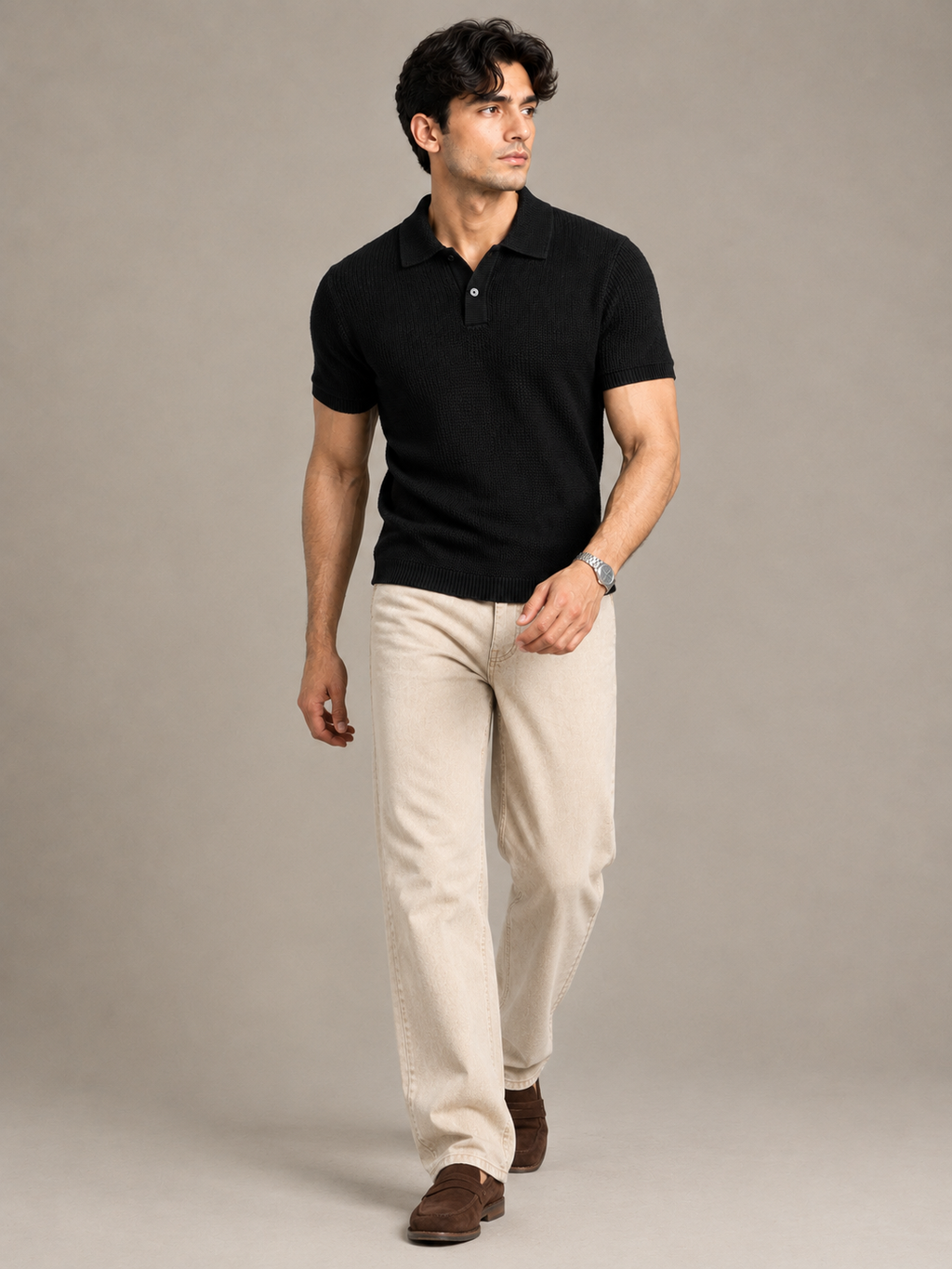 Black Textured Knit Polo by Monscre