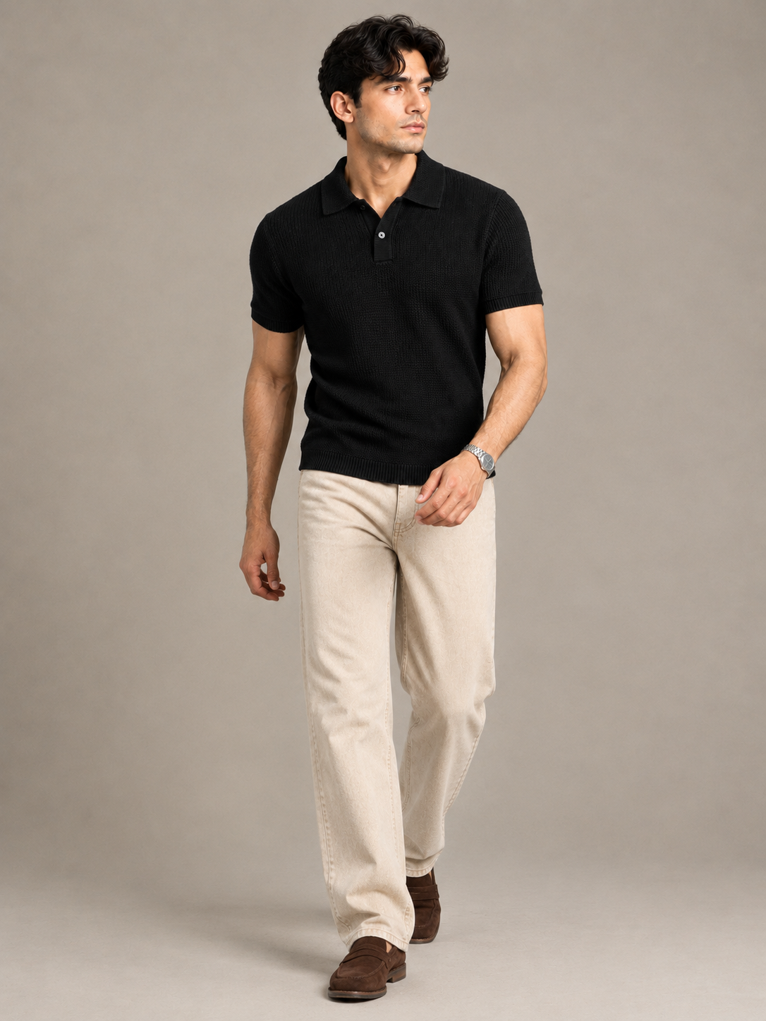 Black Textured Knit Polo by Monscre