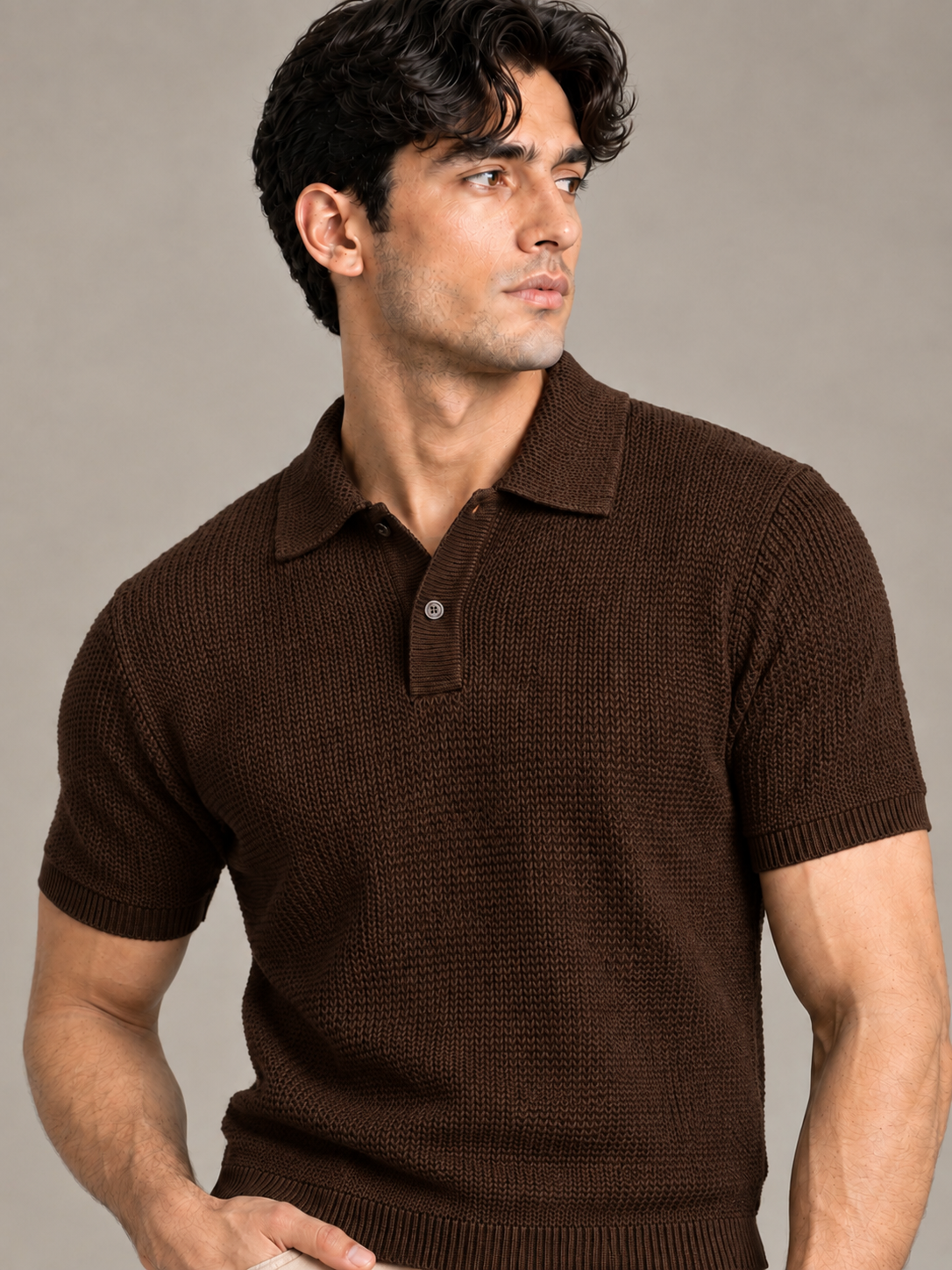 Brown Textured Knit Polo by Monscre