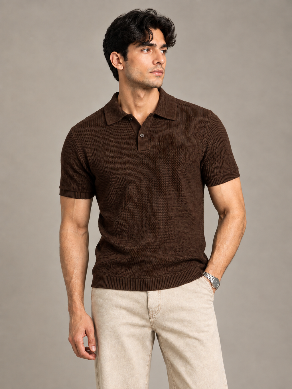 Brown Textured Knit Polo by Monscre