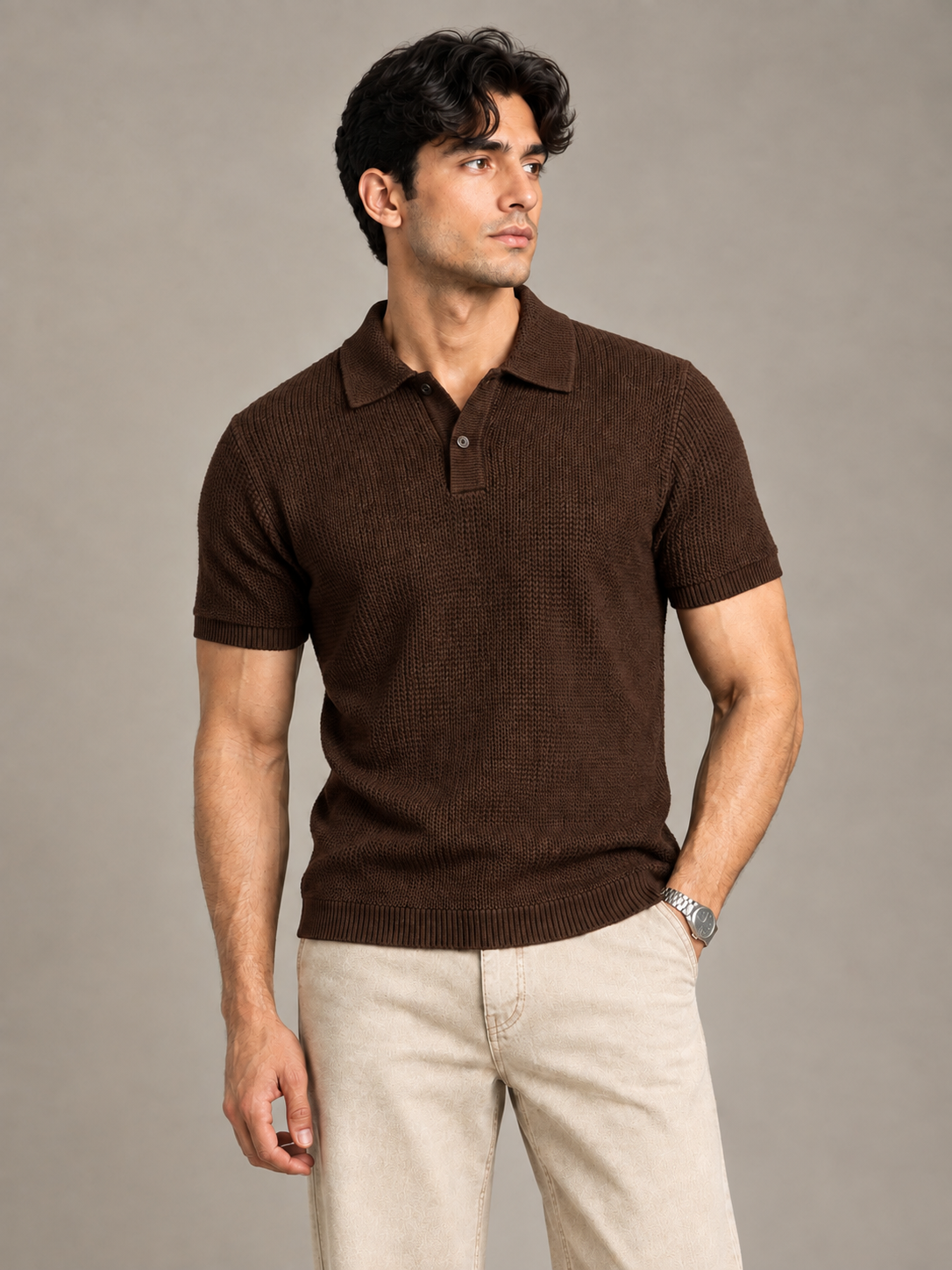 Brown Textured Knit Polo by Monscre