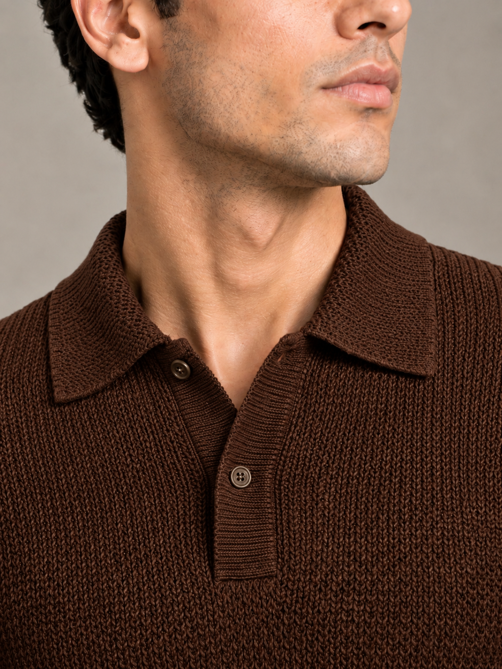 Brown Textured Knit Polo by Monscre