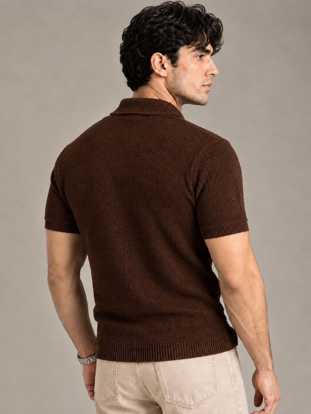 Brown Textured Knit Polo by Monscre