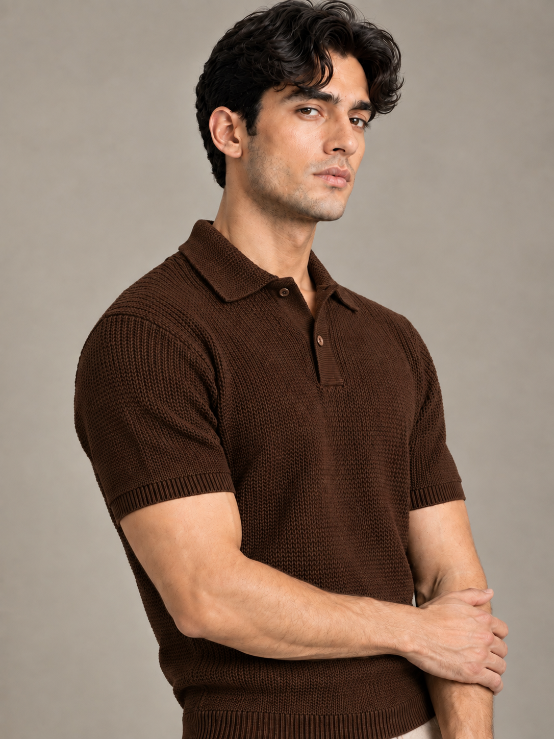 Brown Textured Knit Polo by Monscre