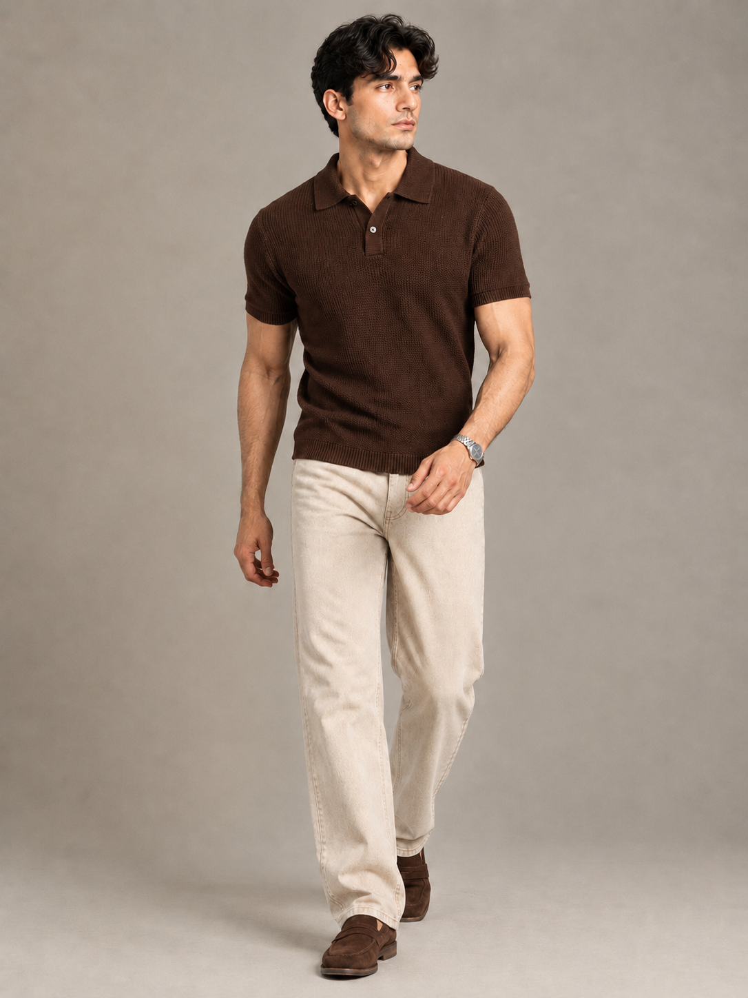 Brown Textured Knit Polo by Monscre