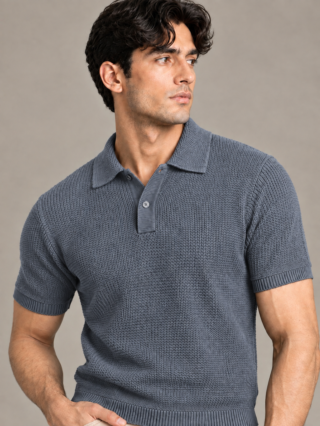 Grey Textured Knit Polo by Monscre