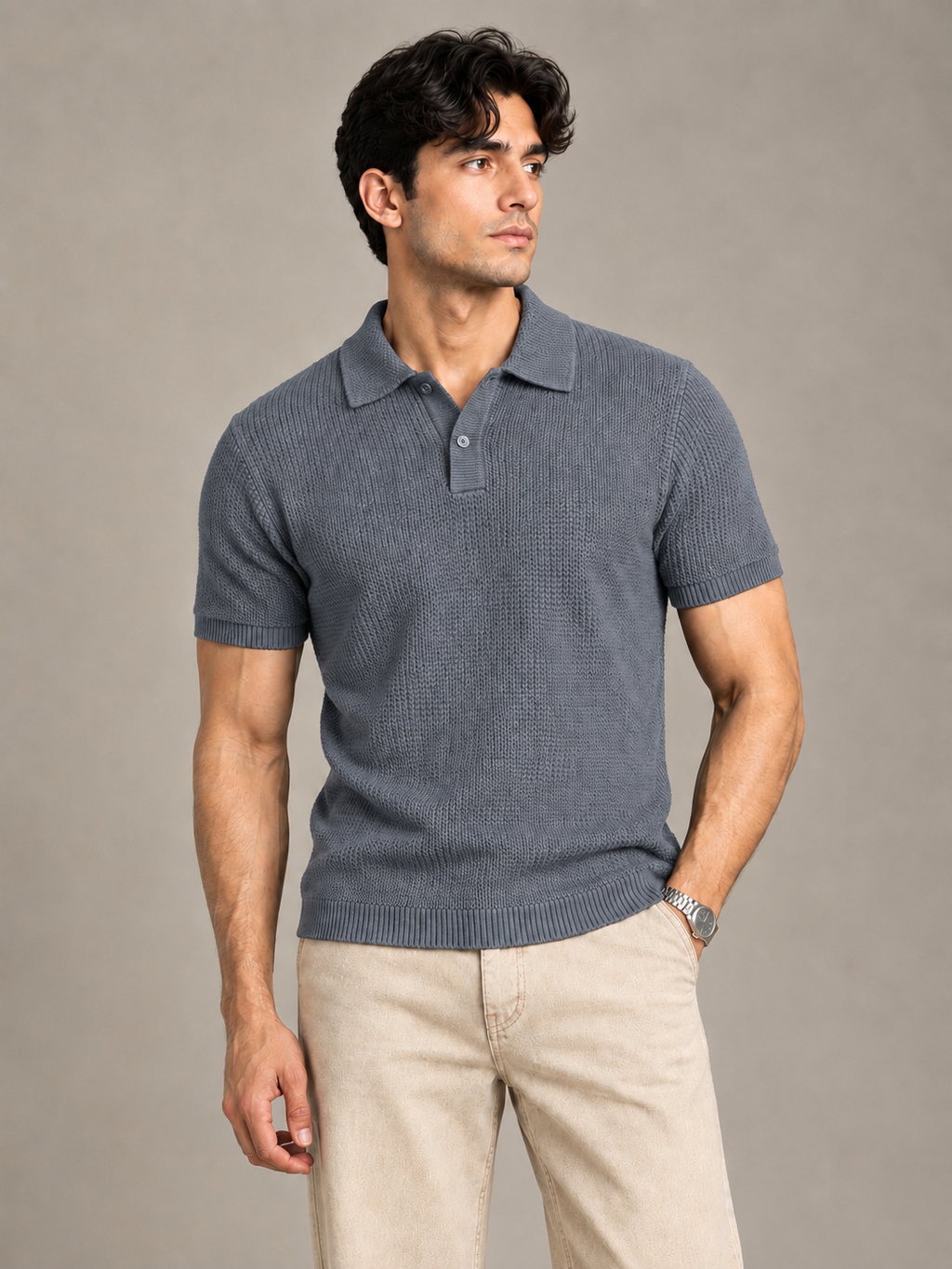 Grey Textured Knit Polo by Monscre