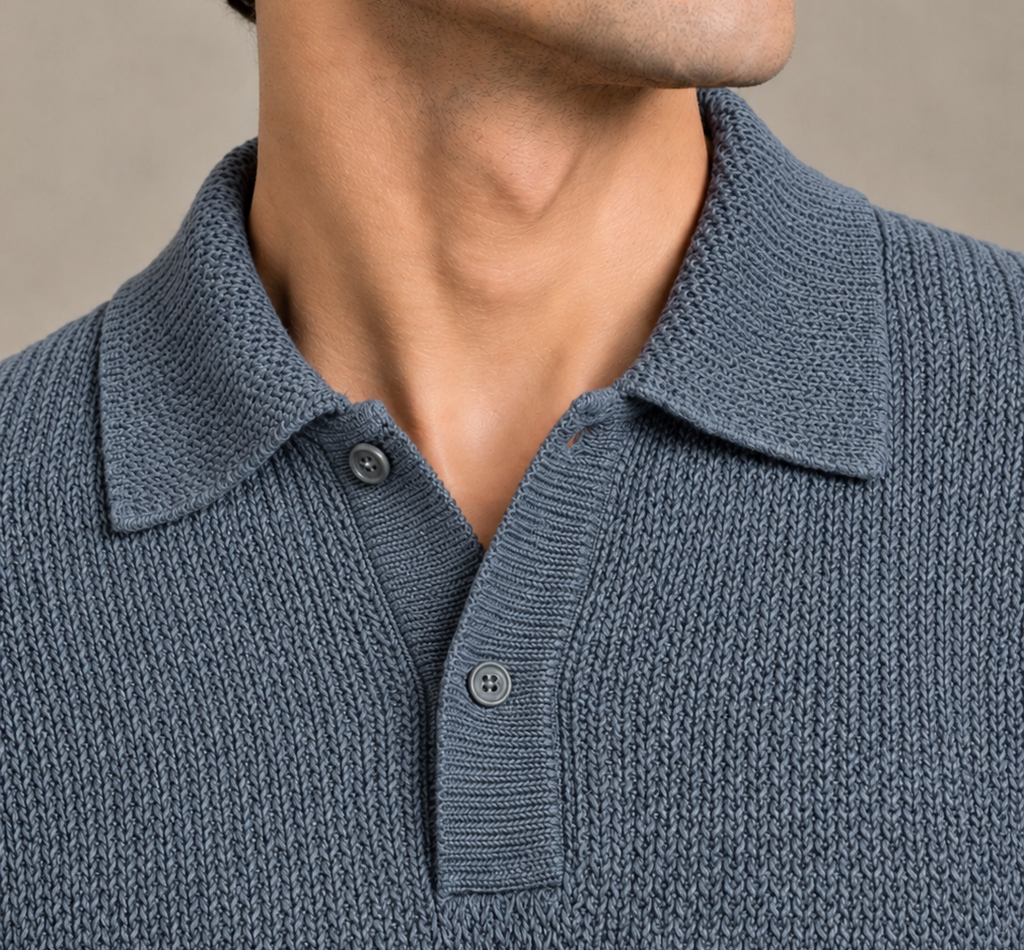 Grey Textured Knit Polo by Monscre