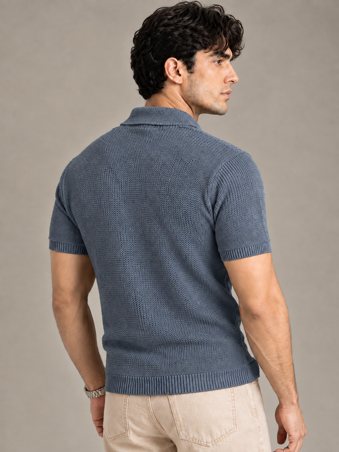 Grey Textured Knit Polo by Monscre
