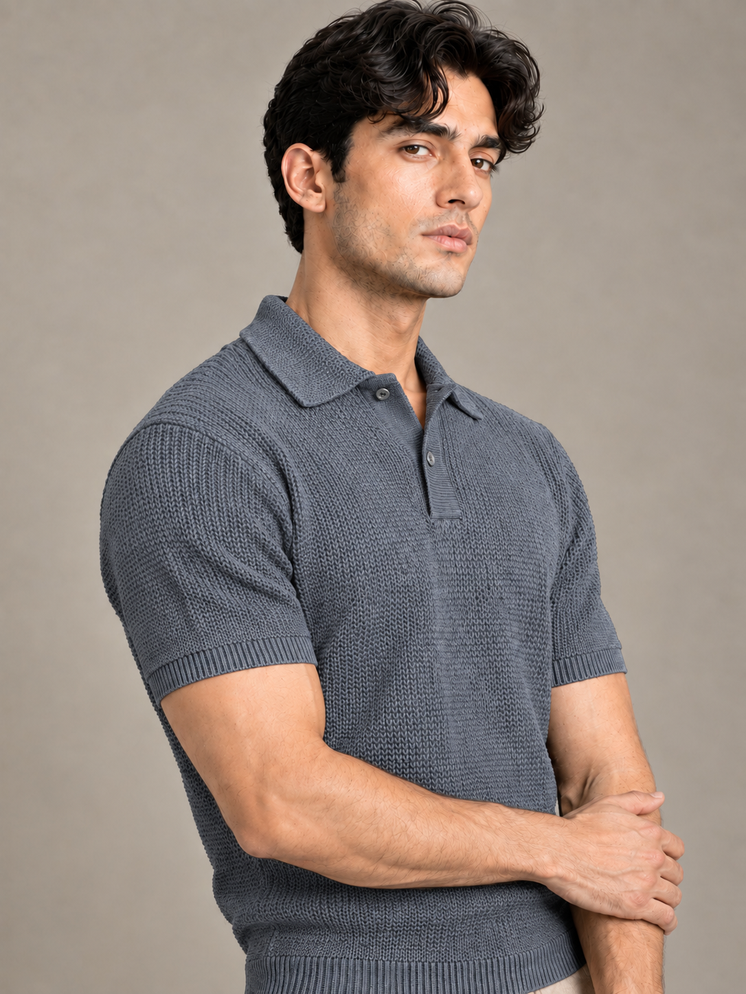 Grey Textured Knit Polo by Monscre