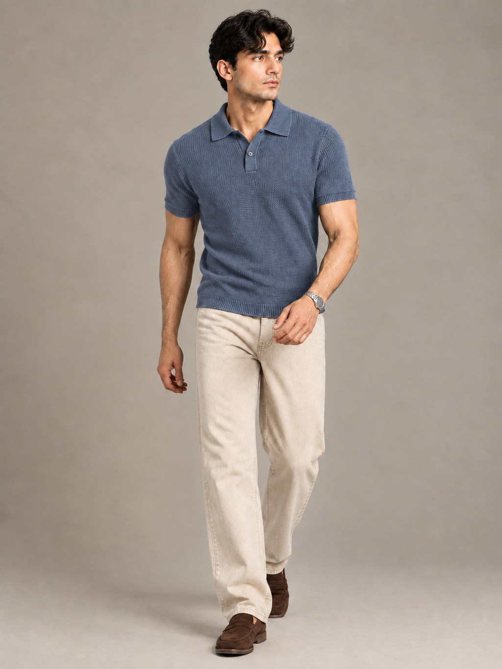 Grey Textured Knit Polo by Monscre