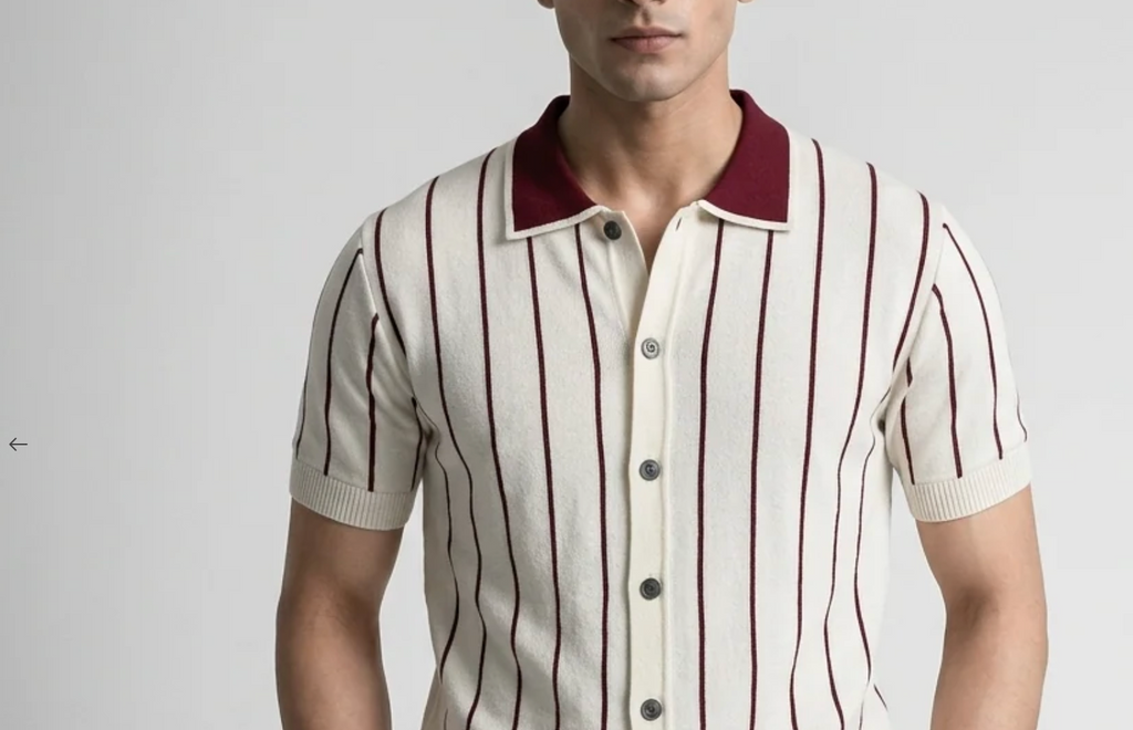 White Stripe Button-Up Knit Polo by Monscre