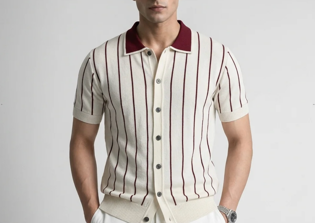 White Stripe Button-Up Knit Polo by Monscre