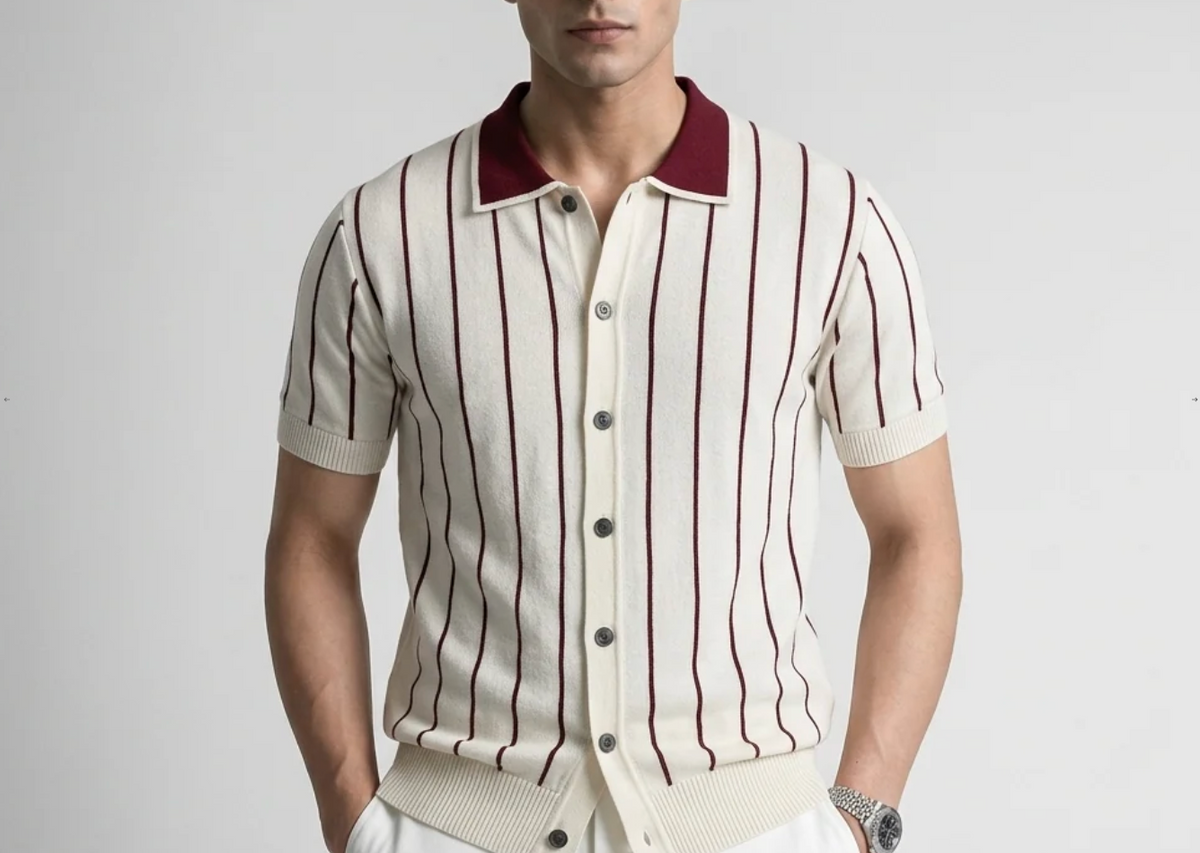 White Stripe Button-Up Knit Polo by Monscre