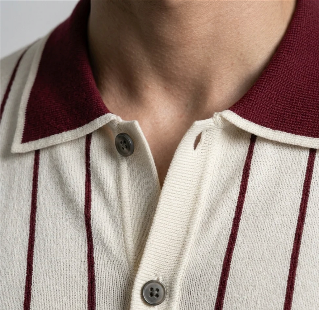 White Stripe Button-Up Knit Polo by Monscre
