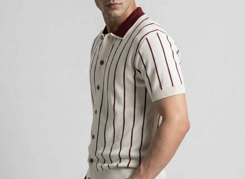 White Stripe Button-Up Knit Polo by Monscre