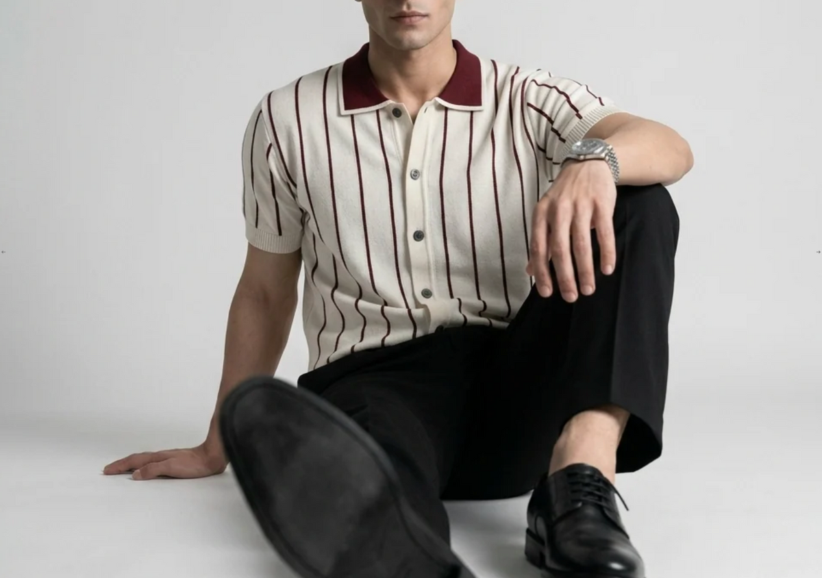 White Stripe Button-Up Knit Polo by Monscre