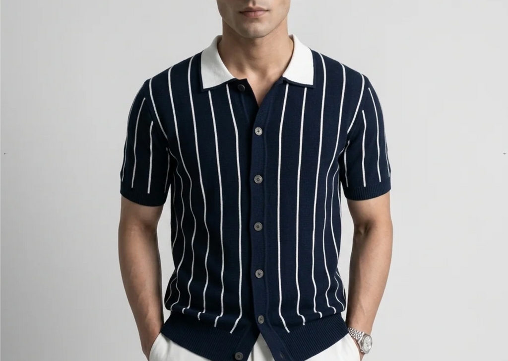 Blue Stripe Button-Up Knit Polo by Monscre
