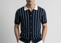 Blue Stripe Button-Up Knit Polo by Monscre