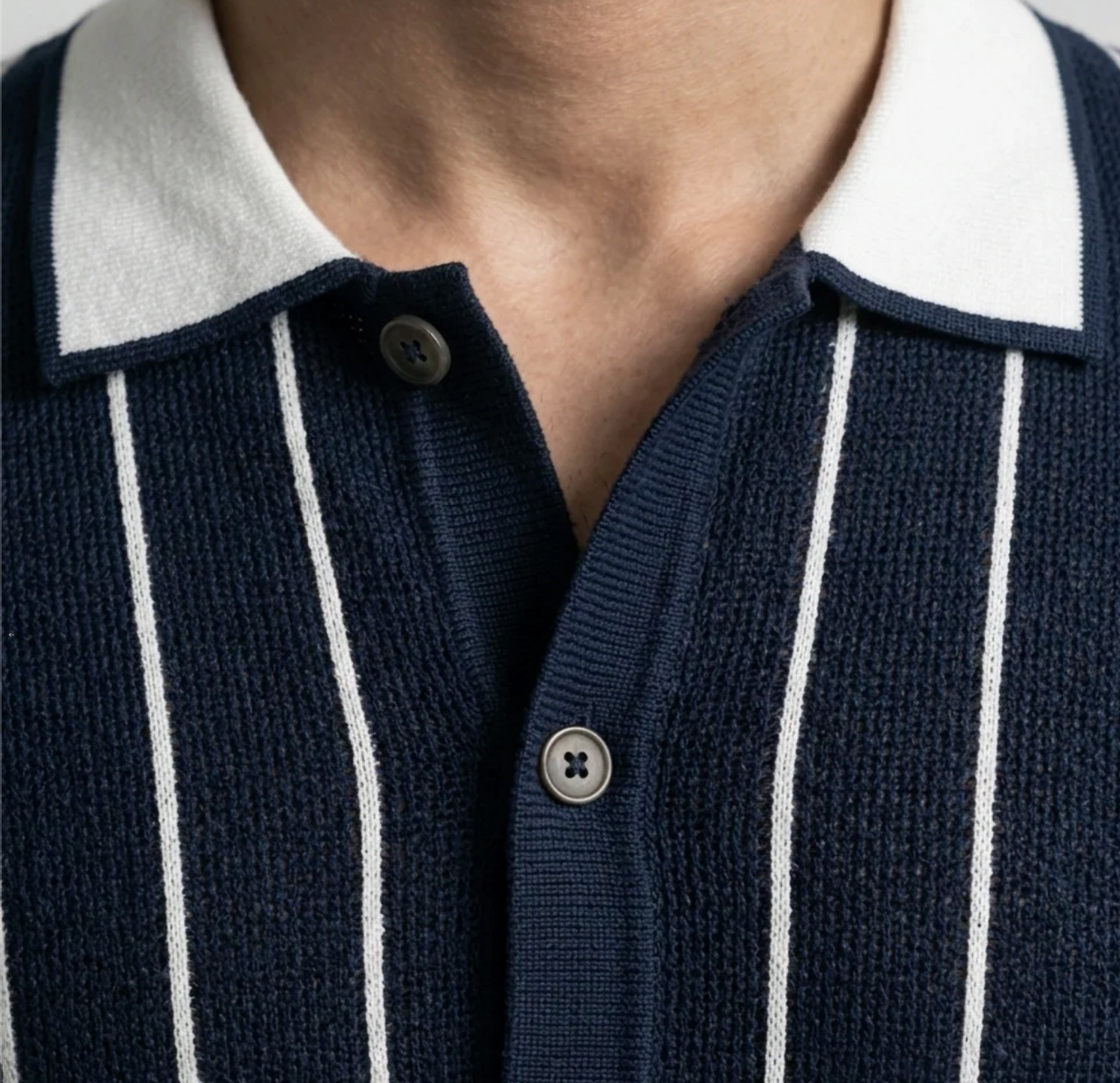 Blue Stripe Button-Up Knit Polo by Monscre