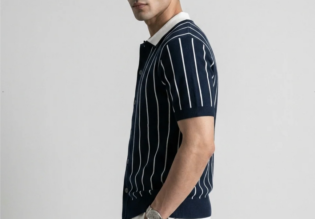 Blue Stripe Button-Up Knit Polo by Monscre