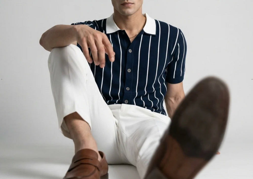 Blue Stripe Button-Up Knit Polo by Monscre
