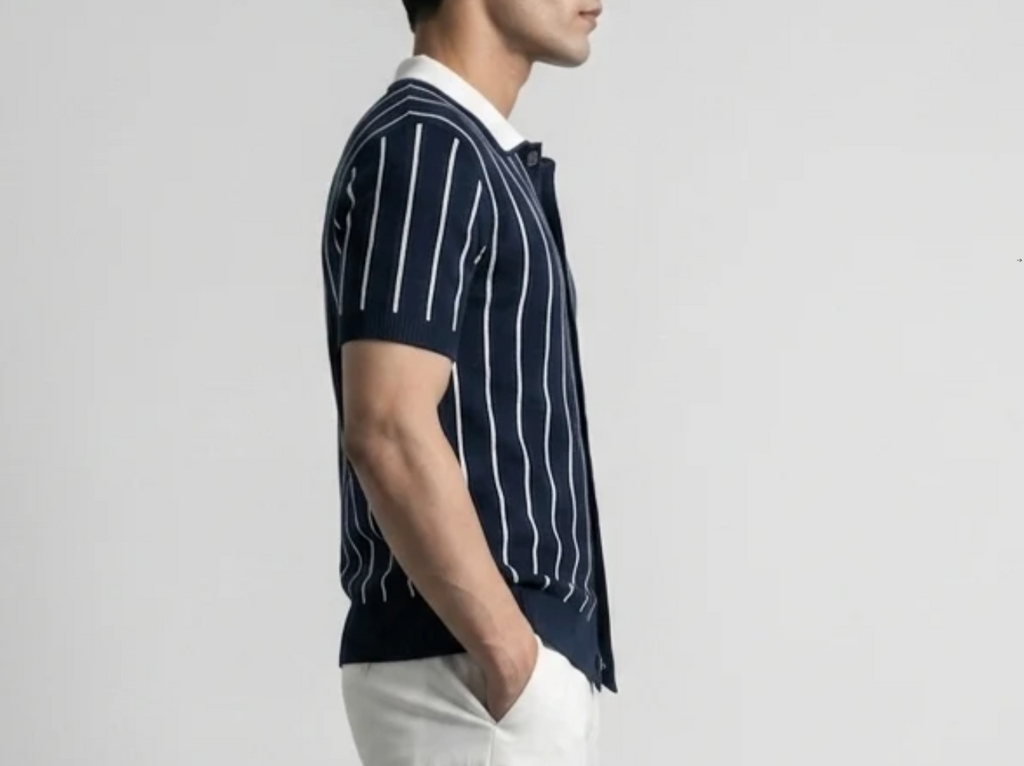 Blue Stripe Button-Up Knit Polo by Monscre