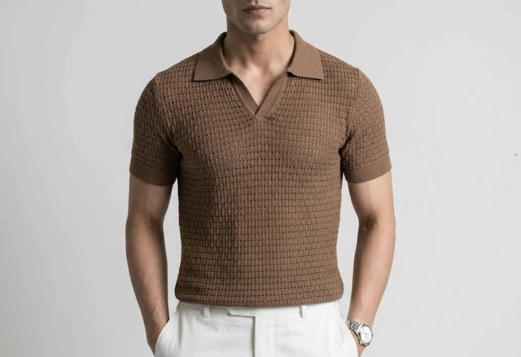 Brown Weave Knit Polo by Monscre