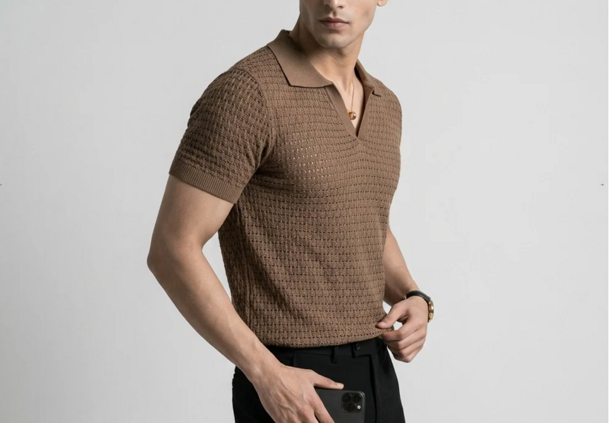 Brown Weave Knit Polo by Monscre