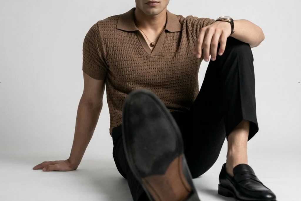 Brown Weave Knit Polo by Monscre