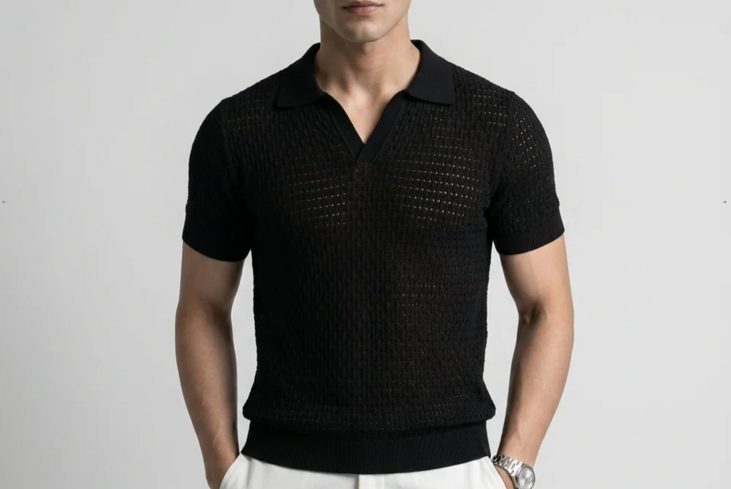 Black Weave Knit Polo by Monscre