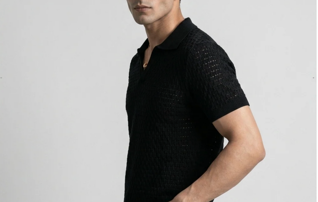 Black Weave Knit Polo by Monscre