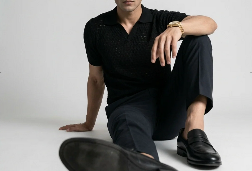 Black Weave Knit Polo by Monscre
