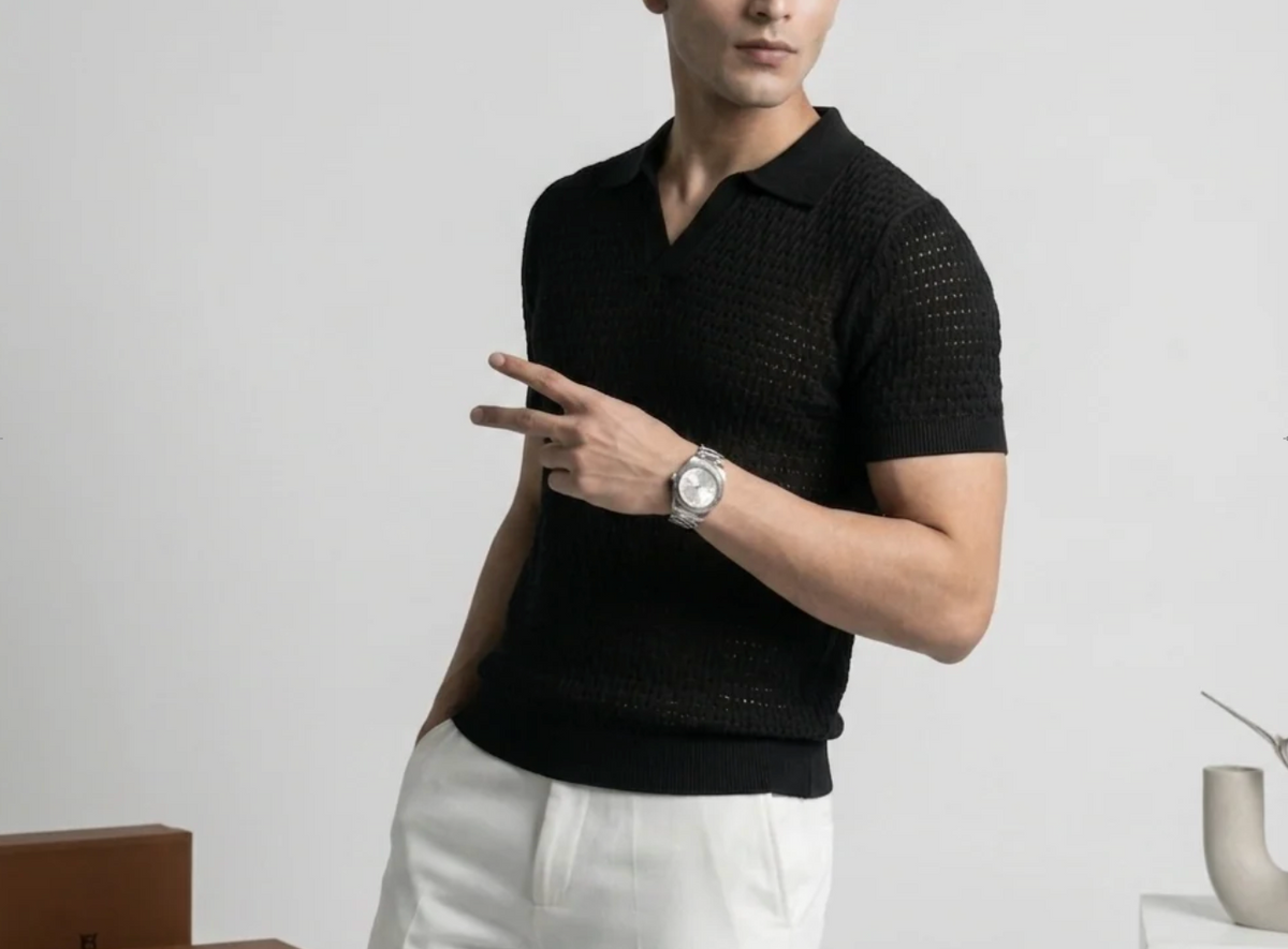 Black Weave Knit Polo by Monscre