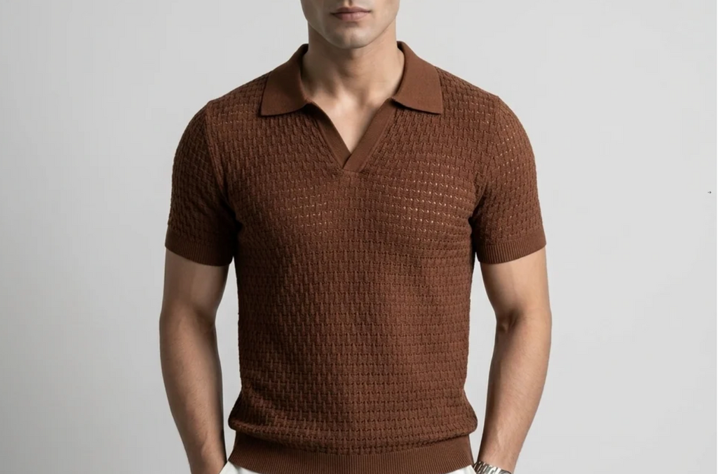 Dark Brown Weave Knit Polo by Monscre