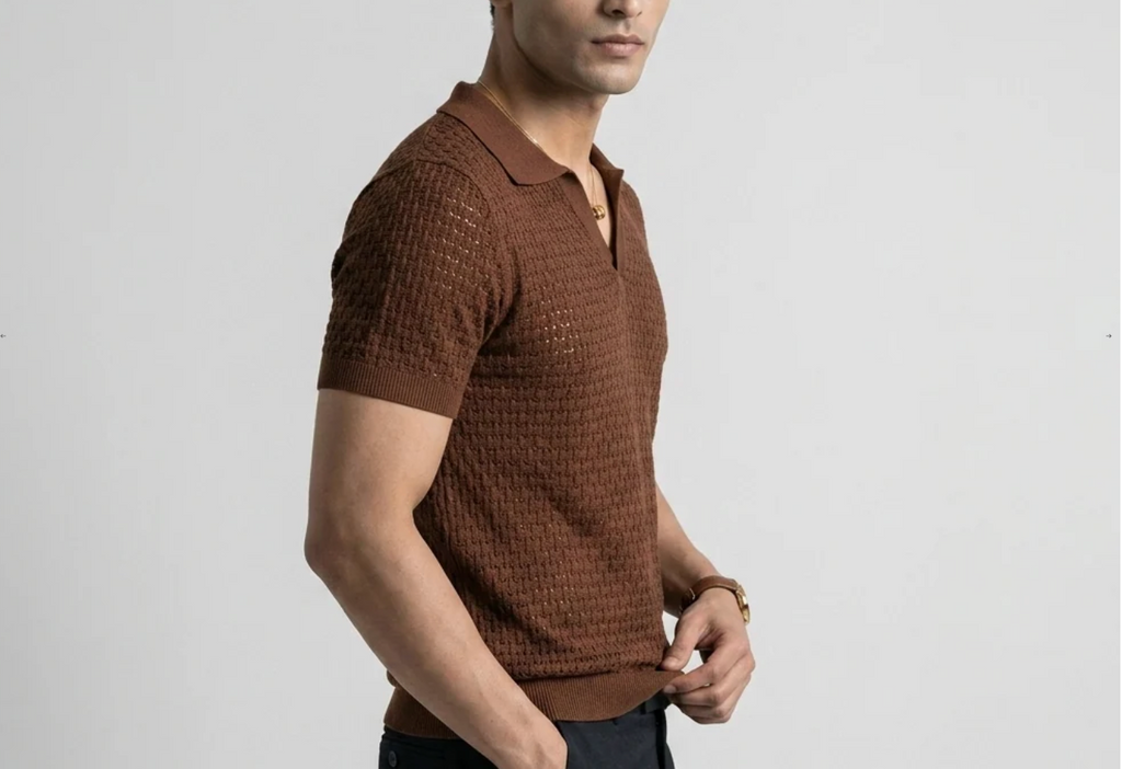 Dark Brown Weave Knit Polo by Monscre